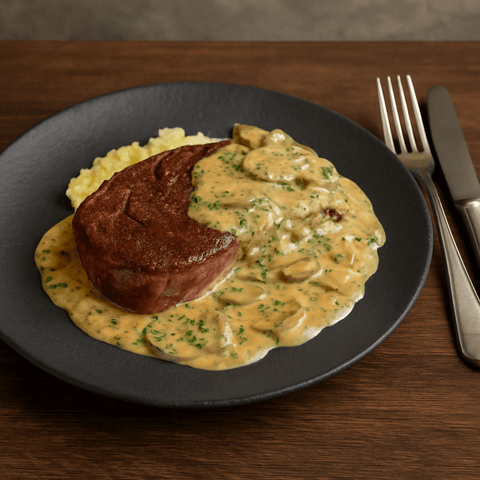 Entrecôte mit "Försters Schmortopf" auf Pastinakenstampf und Champignonrahm - www.altesgewuerzamt.live