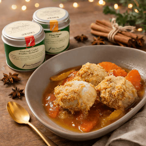 Soufflierte Topfenknödel mit Lebkuchengewürz und Orangen-Grapefruitragout - www.altesgewuerzamt.live