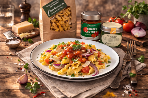 Andis Pasta mit confierte Tomaten, Feta und „AGA“ Tomaten-Chutney - www.altesgewuerzamt.live