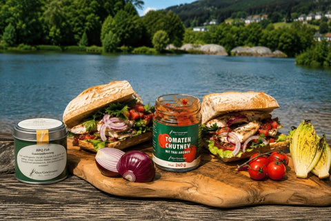 Baguette-Sandwich mit Mainfisch vom Grill und türkischem Tomatensalat auf Tomaten-Chutney - www.altesgewuerzamt.live
