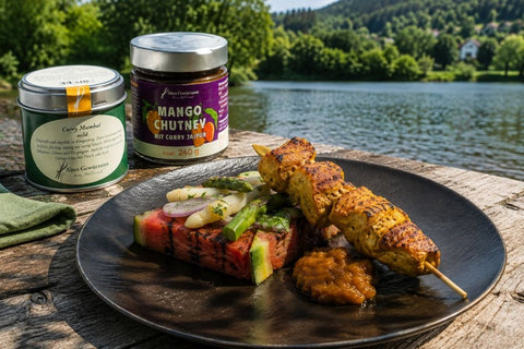 Putenspieß auf gegrillter Wassermelone mit Spargelsalat und Mango Chutney - www.altesgewuerzamt.live