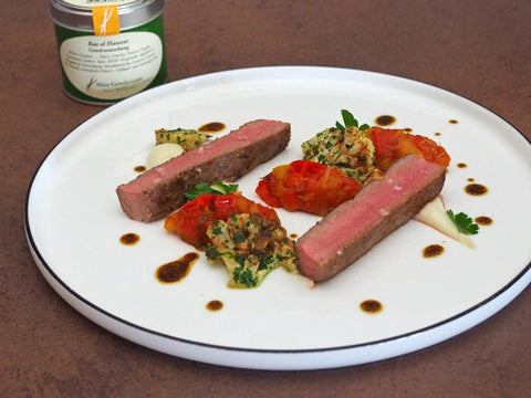 Lammrücken mit Blumenkohl, Raz el Hanout und Peperonata - www.altesgewuerzamt.live