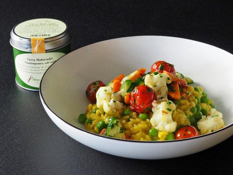 Mildes Erbsenrisotto mit Curry Maharadja und buntem Gemüse - www.altesgewuerzamt.live