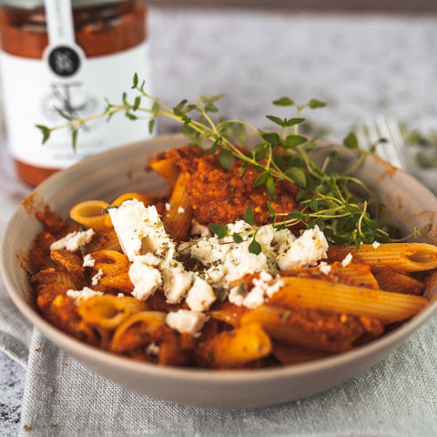 Tomato sugo with feta over spaghetti - quick Mediterranean pasta