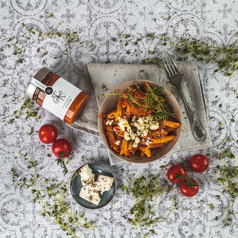 Tomato sugo with feta served - fruity tomatoes with salty feta