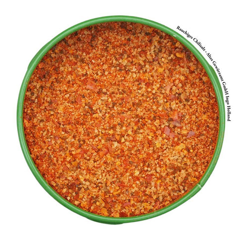 Rauchiges Chilisalz Detailansicht — geräuchertes Steinsalz mit Chili