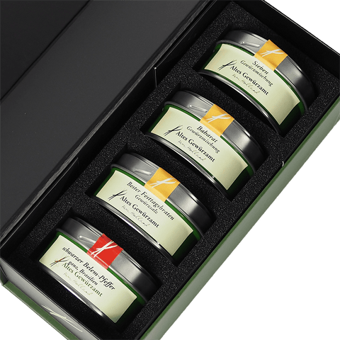 Geschenkbox Fleischküche – vier Gewürzdosen für Fleischliebhaber