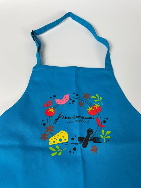 Kinderschürze türkis – farbenfrohe Schürze mit Gewürzamt-Motiv für Kinder