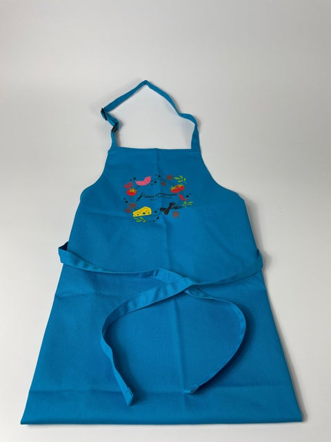 Kinderschürze türkis Detail – verstellbares Nackenband, 65% Polyester / 35% Baumwolle