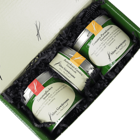 Tomatenbox Innenansicht – Tomatenflocken, Butterbrot-Gewürz und Paradeisersalz