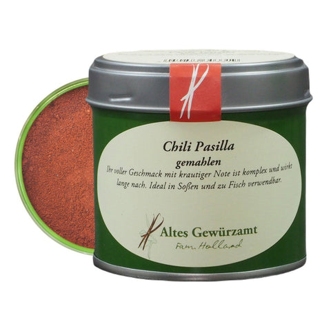 Ground pasilla chili tin – chilaca pod for mole and bean dishes