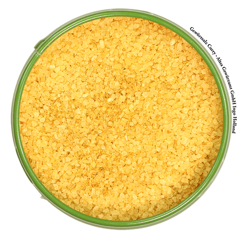 Gewürzsalz Curry Streudose – Nahaufnahme Salzgewürzmischung mit Curry und mediterranem Meersalz