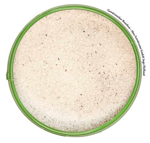 Gewürzzucker Bourbon Detail – sichtbare Vanille-Sprenkel im Rohrzucker