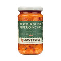 Pesto Paprika-Knoblauch von Montanini im Glas — italienische Pasta-Sauce