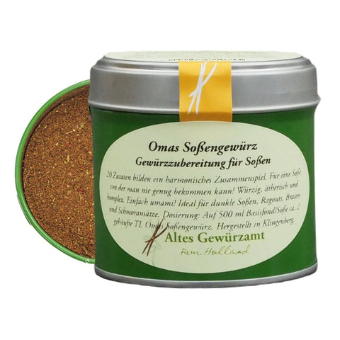 Grandma's sauce spice in a Klingenberg workshop tin — for dark sauces