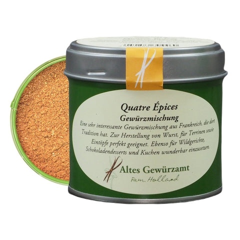 Quatre Épices French spice blend in the shaker tin