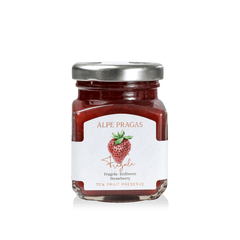 Fruchtaufstrich Erdbeere 110 g Glas von Alpe Pragas, 75 Prozent Frucht