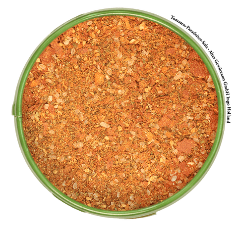 Tomaten-Paradeisersalz Detailansicht mit Tomatenflocken und Kräutern
